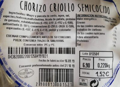 Foto de Chorizo criollo semicocido
