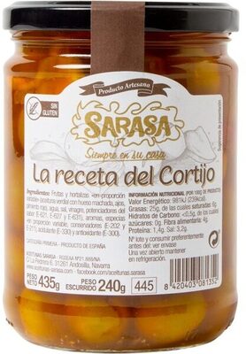 Foto de La receta del Cortijo aceitunas verdial con hueso, ajos y pimientos rojos aliñados frasco 240 g