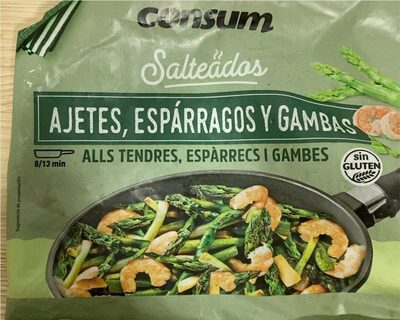 Foto de Salteado de ajetes, espárragos y gambas