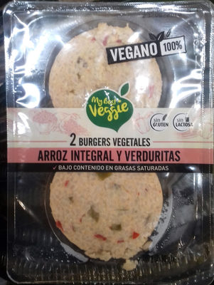 Foto de 2 burgers vegetales arroz integral y verduritas