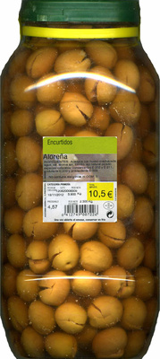 Foto de Aceitunas verdes partidas aliñadas. Variedad Aloreña de Málaga.
